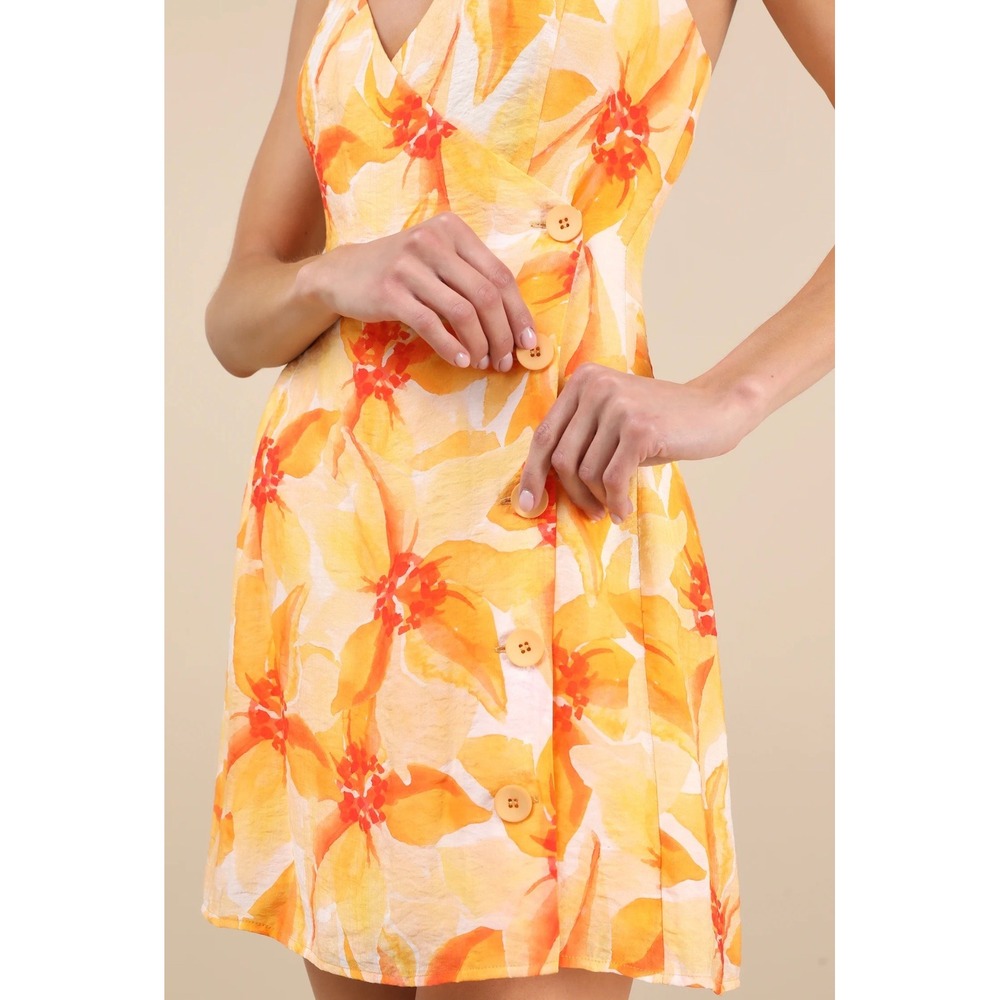 Lulus Prue Orange Floral Halter Mini Dress Button Detail Size M NWT 2867